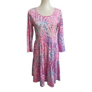 Lilly Pulitzer Women's M Pink Purple Blue Tiered Scoop Neck Dress 3/4 Sleeve